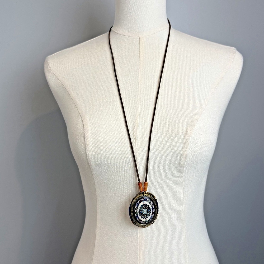 Boho Mandala Statement Pendant Necklace Beaded Brown Cord Artisan Style MJ